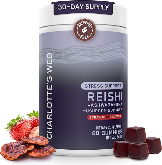Charlotte's Web Stress Support Mushroom Gummies w/Reishi, Ashwagandha, Rhodiola Rosea Supplement — Natural Supplement — Strawberry-Flavored Ashwagandha Gummies (30 Servings)