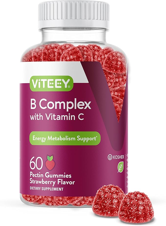 Viteey Vitamin B Complex for Adults with Vitamin C, B6, B12, Niacinamide, Folic Acid, Biotin, Calcium - Supports Energy & Metabolism - Vegan, Gluten Free, Gelatin Free - Chewable Strawberry Flavored
