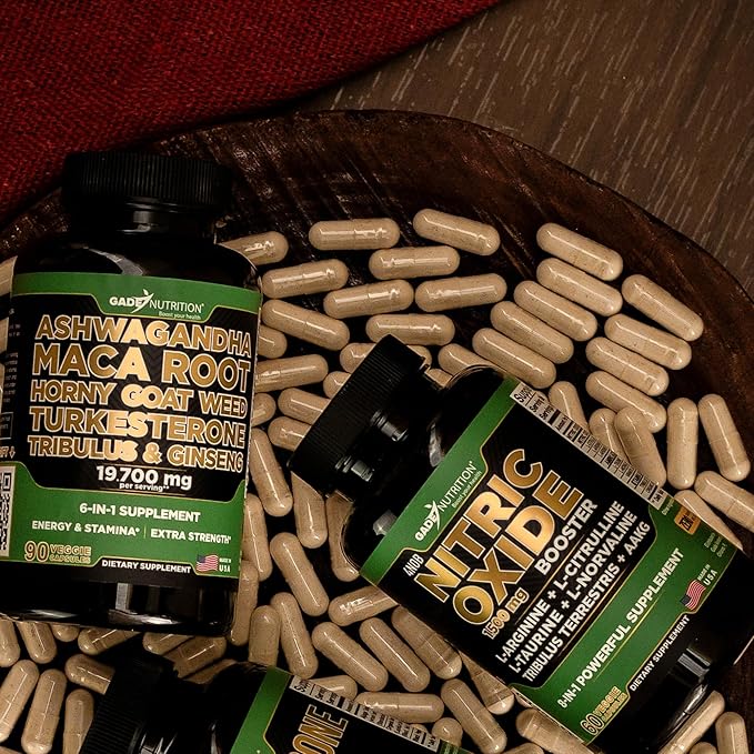 Gade Nutrition Ashwagandha with Maca Root, Horny Goat Weed, Turkesterone, Tribulus Terrestris, Panax Ginseng + Nitric Oxide Booster - Bundle for Energy, Vitality, Performance, Pump
