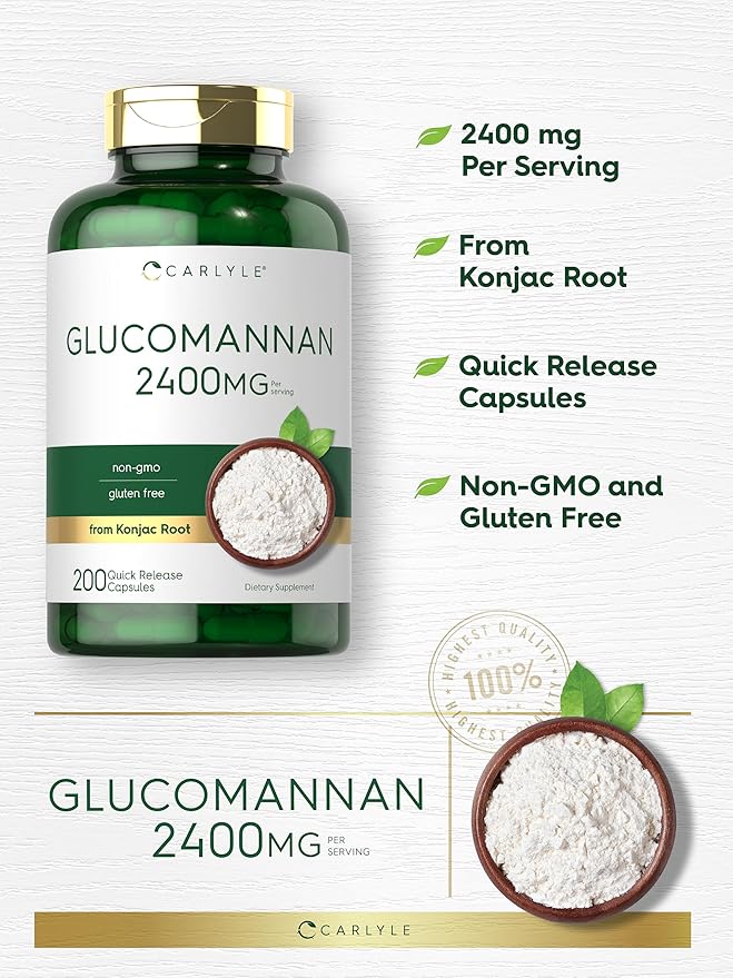 Carlyle Glucomannan Capsules | 200 Count | Soluble Fiber Pills | Non-GMO, Gluten Free Supplement