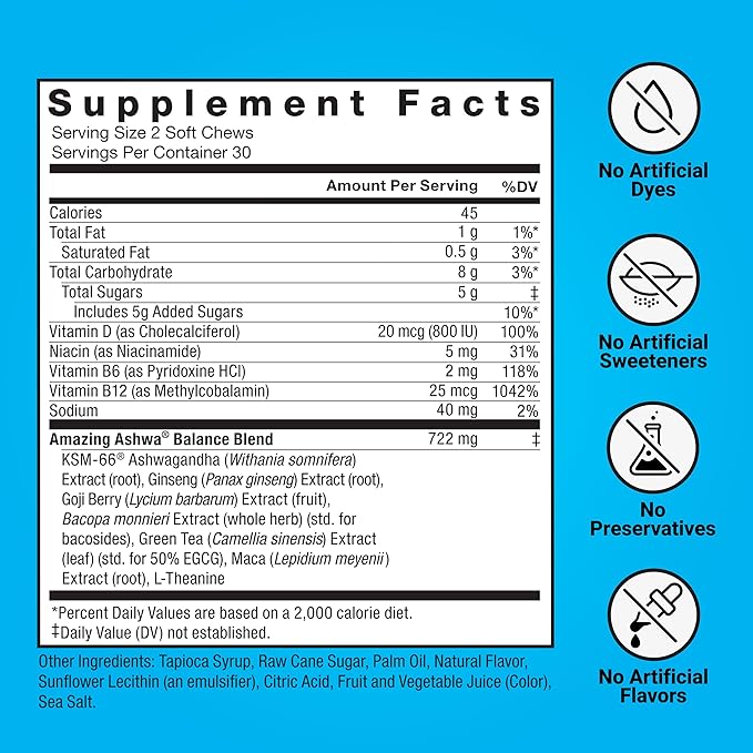 FORCE FACTOR Amazing Ashwa for Stress Relief, Memory, Focus, and Immune Support Health, Ashwaganda Supplement with KSM-66 Ashwagandha for Stress, 120 Soft Chews