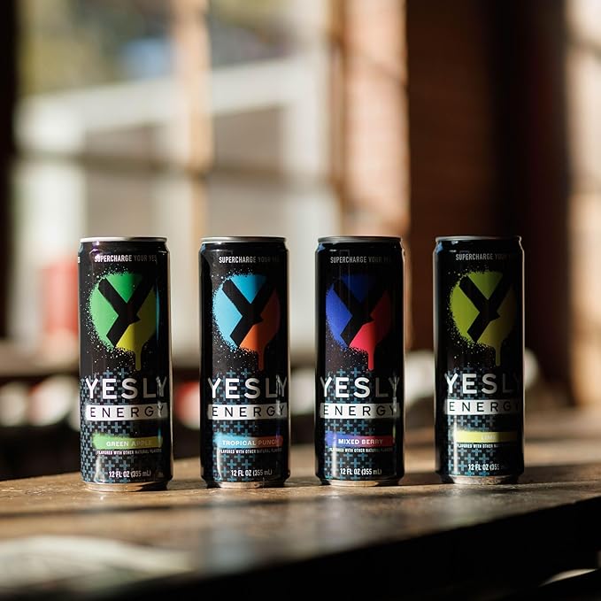 Yesly Energy Drink, Variety Pack, Naturally Flavored Sparkling Energy Water With Electrolytes, Magnesium, Potassium, Vitamin C, B6 & B12, Natural Caffeine From Green Tea, 12 Fl Oz Cans, 12 Pack