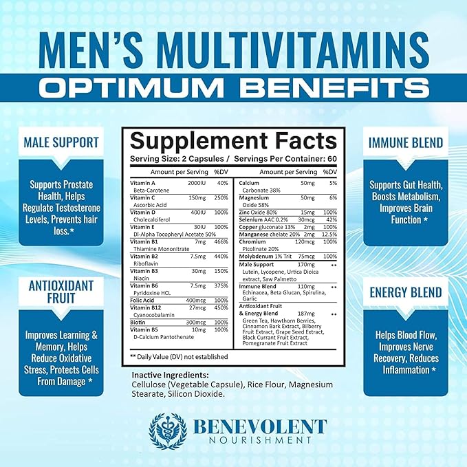 Benevolent Nourishment Multivitamin for Men - Supports Energy & Overall Health - Essential Daily Vitamins for Men, Biotin, Magnesium, Zinc & Antioxidant for Immune Health - Non-GMO,120 Caps