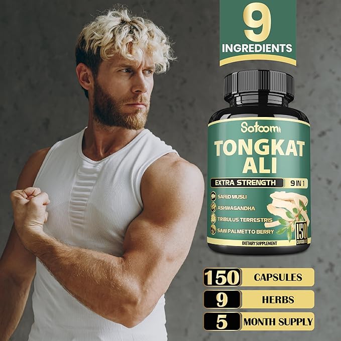 Satoomi 9in1 Tongkat Ali Root Extract 200:1 - Ashwagandha, Tribulus Terrestris - 150 Capsules for 5 Months - Support Strength, Energy & Healthy Immune