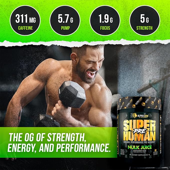 ALPHA LION Superhuman Pre Workout Powder, Beta Alanine, L-Taurine & Tri-Source Caffeine for Sustained Energy & Focus, Nitric Oxide & Citrulline for Pump (21 Servings, Green Gummy Bear Flavor)