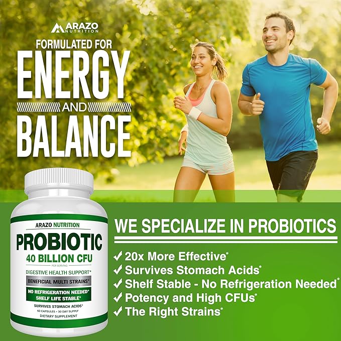 Arazo Nutrition Probiotic 40 Billion CFU - Shelf Stable with Prebiotics and Acidophilus - Stable Potency Until Expiration – Time Delay Release Probiotics