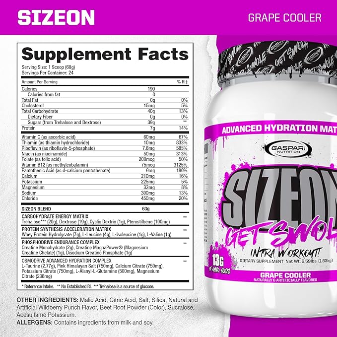 Gaspari Nutrition SizeOn, The Ultimate Hybrid Intra-Workout Amino Acid & Creatine Formula, Increased Muscle Volume & Muscle Recovery (Grape Cooler, 24 Servings)