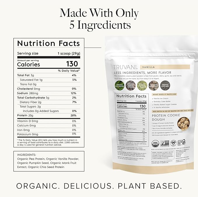 Truvani Vegan Pea Protein Powder | Vanilla | 20g Organic Plant Based Protein | 1 Serving | Keto | Gluten & Dairy Free | Low Carb | No Added Sugar
