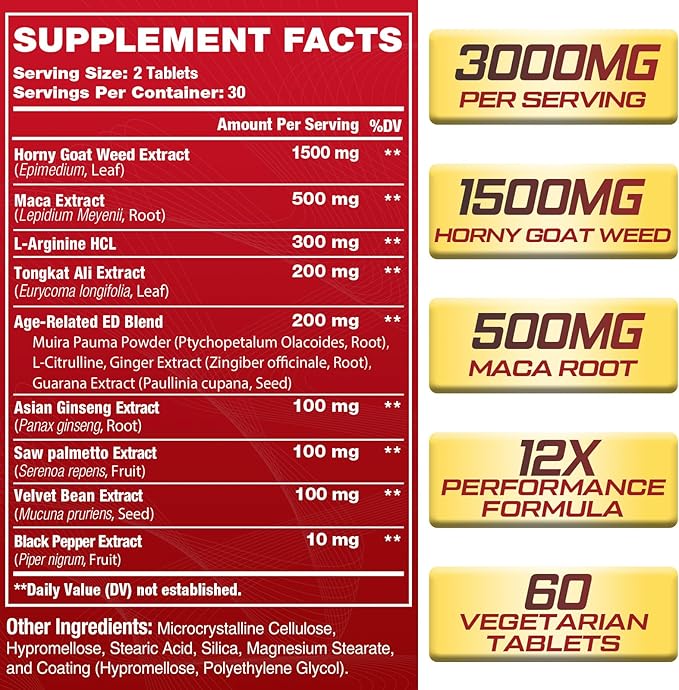 Hornygoatweed for Men, 12 in 1 Horny Goat Weed, Maximum Strength Male Enhancing Supplement with Maca Root, Tongkat Ali, Panax Ginseng, Saw Palmetto, for Hormone, Stamina, Performance, Energy, 60 Count