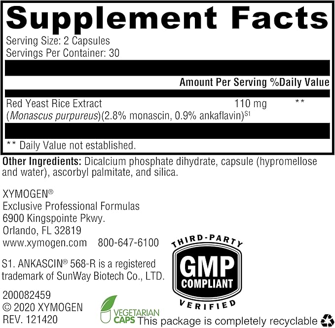 XYMOGEN Red Yeast Rice - Non-GMO Red Yeast Rice Supplement to Help Maintain Already Healthy Blood Lipid + Cholesterol Levels - Cardiovascular Support - Tested Citrinin-Free (60 Capsules)