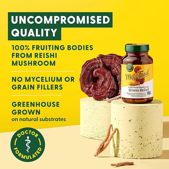 MegaFood Superfood Mushroom Stress Relief - Reishi Mushroom Supplement Clinically Studied to Reduce Stress - Doctor Formulated with Ashwagandha KSM 66 - Vegan, Gluten-Free - 60 Capsules, 30 Servings