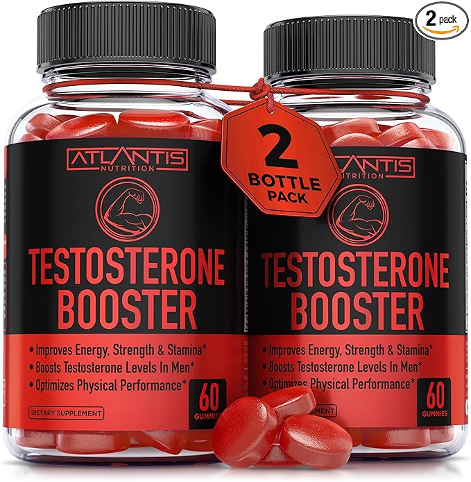 Atlantis Nutrition Testosterone Booster Gummies For Men - Enhances Strength & Stamina - Optimizes Performance & Male Enhancement - Made With Tribulus, Horny Goat Weed, Maca Root | 2-Pack (120 Gummies)