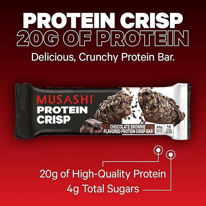 MUSASHI Protein Crisp Bar, 20g Protein, 4g Total Sugars, Chocolate Brownie, Post Workout and Snack On The Go, 12 Pack of 2.1oz (60g) Bars