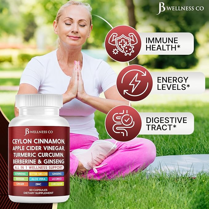 Ceylon Cinnamon, Turmeric, ACV, Ginseng, Aloe Vera, Berberine Plus Banaba, Ginger Root - 60 Capsules