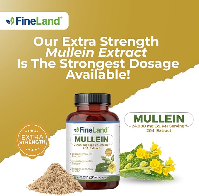 FineLand Mullein Leaf 20x Extract 24,000mg Eq. Per Serving, Max Strength Immune Support, Respiratory, Lung & Bronchial Support, Sinus, 120 Capsules, 2 Month Supply