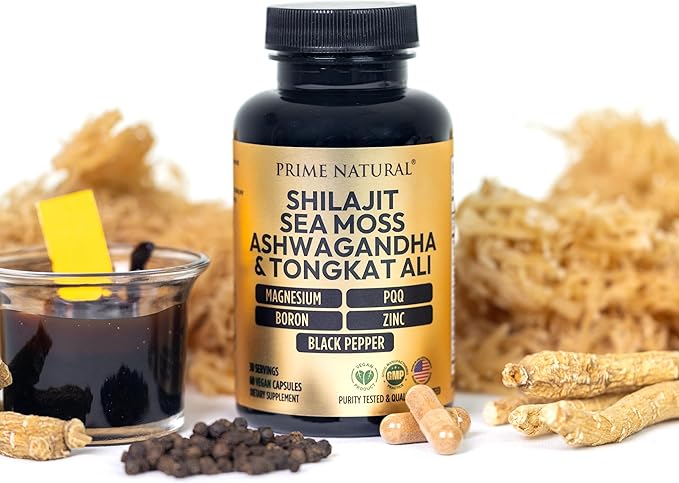 Shilajit 10,000mg, Irish Sea Moss 2000mg, Ashwagandha 3000mg, Tongkat Ali 30,000mg, Boron, Magnesium, PQQ & More | 60 Capsules - 30 Days Supply| Fulvic Acid Veg Capsules| Vegan| Gluten Free | Non-GMO