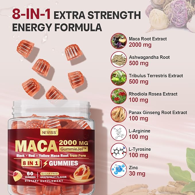 Maca Root Filled Gummies for Women Men | Sugar Free | Made in USA | Organic Black, Red, Yellow Maca Root Supplement Gummy 2000mg with Ashwagandha Ginseng | Vegan, Non-GMO, Grapefruit Flavor, 60 Count