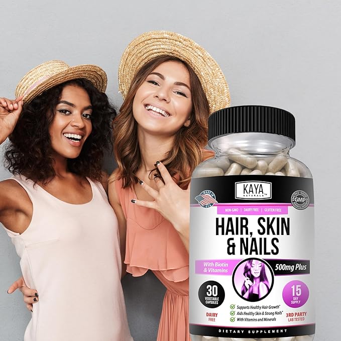 Kaya Naturals Hair Skin Nail Capsules with Biotin - Hair and Skin Vitamins, Vitamin D Vitamin B-12 A Folic Acid Support, Hair Support Vitamin Supplement for Hair Skin Nails- 30 Count Capsules
