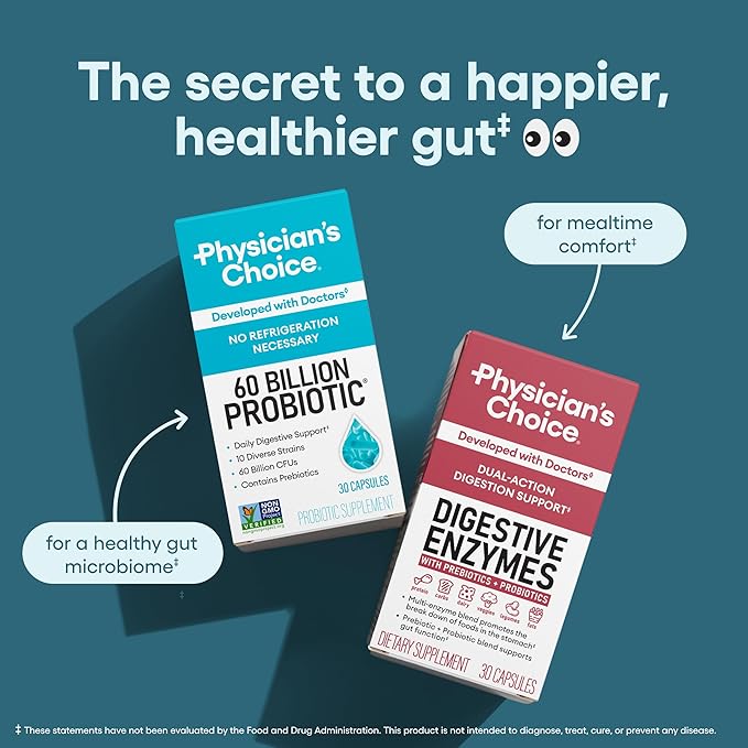 Physician's CHOICE Probiotics 60 Billion CFU - 10 Strains + Organic Prebiotics - Immune, Digestive & Gut Health - Supports Occasional Constipation, Diarrhea, Gas & Bloating - for Women & Men - 84ct
