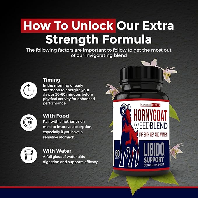 Horny Goat Weed Blend with Maca & Tribulus Terrestris Extract, Naturally Supports Libido and Energy for Men & Women, 1000mg Epimedium with Icariins, Veggie Capsules