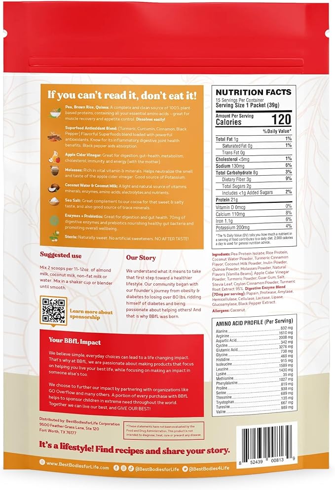 Meal Replacement Shakes, 21g Protein, Vegan Plant Based Protein Powder, Digestive Enzymes, All in One Shake (15 Servings, Turmeric Curcumin Cream)