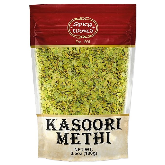 Spicy World Dried Fenugreek Leaves (Kasoori Methi) 3.5oz Box (100g) - All Natural | Vegan | Gluten Friendly | NON-GMO | Indian