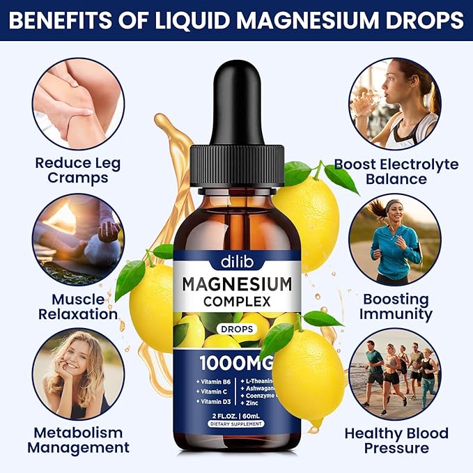 Triple Magnesium Complex Supplement, Magnesium Glycinate, Citrate Liquid Drops 1000mg with Ashwagandha, CoQ10, Vitamin B6, C, D, Zinc - Vegan Lemon Flavor