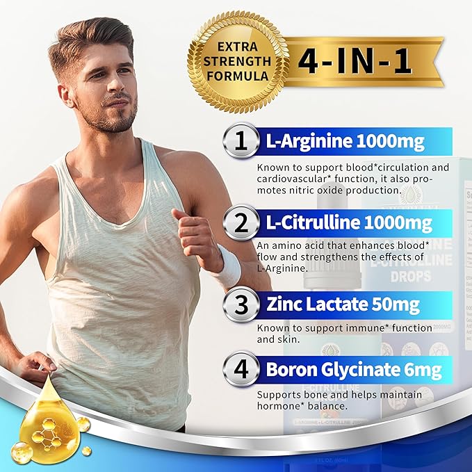 L-Arginine L-Citrulline Drops Liquid, L-Arginine for Men with Boron and Zinc, High Absorption L-Arginine L-Citrulline Supplements, Sublingual Liquid L-Arginine 1000 mg,Vegan, Non GMO, 60ml