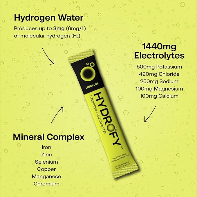 Hydrofy Hydrogen Water + Electrolytes Drink Mix | Superior Hydration Packets with Molecular Hydrogen (H2), Sodium, Potassium, Magnesium, Calcium, and Minerals | No Sugar | Lemon Lime | 25 ct