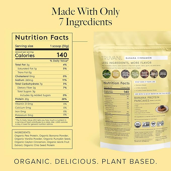 Truvani Vegan Pea Protein Powder | Banana Cinnamon | 20g Organic Plant Based Protein | 1 Serving | Keto | Gluten & Dairy Free | Low Carb | No Added Sugar