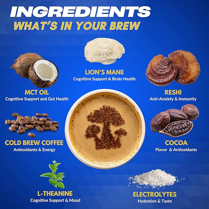 Trident Functional Mushroom Coffee | Cold Brew Coffee, MCT Oil, Lion's Mane, Reishi, Cacao, L-Theanine, Electrolytes | Better Focus, Energy, Brain Health & Low Acid | Adaptogen Coffee | 30 Servings
