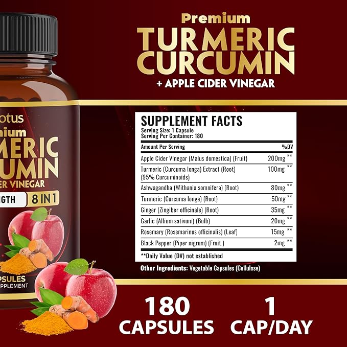 7 in 1 Turmeric Curcumin + Apple Cinder Vinegar Capsules, 6 Month Supply with Ashwagandha, Ginger, Garlic Bulb, 180 Capsules