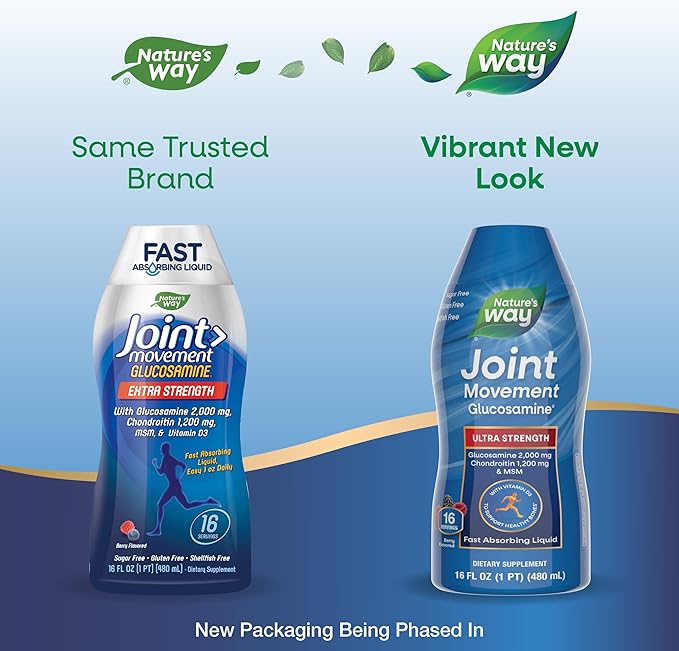 Nature's Way Joint Movement Glucosamine Fast Absorbing Liquid, Ultra Strength, Supports Healthy Bones*, Chondroitin, and MSM with Vitamin D3, Berry Flavored, 16 Fl Oz (Packaging May Vary)