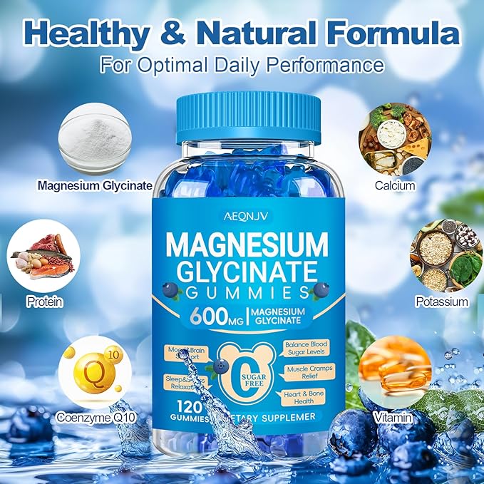 Magnesium Glycinate Gummies 600mg, Chewable Sugar Free Potassium Gummies with Magnesium Glycinate, Vitamin D, B6, and CoQ10 for Calm Support & Sleep for Adults, 60 Days Supply