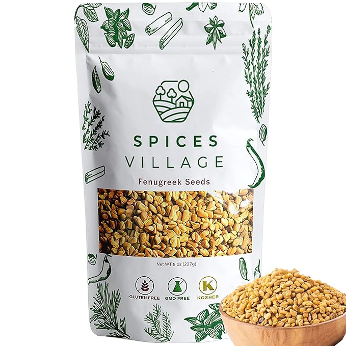 SPICES VILLAGE Fenugreek Seeds, 8 oz, Fenugreek Seeds for Hair Growth, All Natural Dried Indian Methi Seed for Cooking - Kosher Certified, Gluten Free, Resealable Bulk Bag
