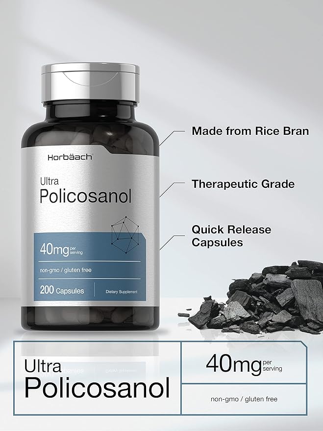 Horbäach Policosanol 40mg | 200 Capsules | Non-GMO and Gluten Free Supplement