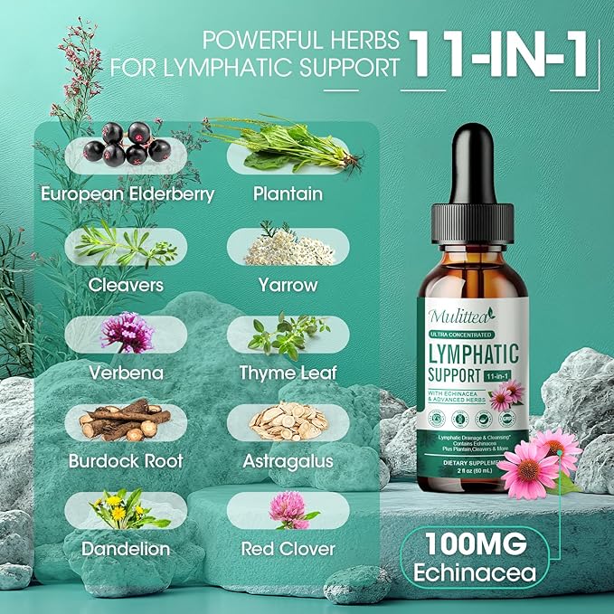 Lymphatic Drainage Drops-Vegan 11-in-1 Lymphatic Drainage Supplements-Lymph System Support with Echinacea,Cleavers,Elderberry-Detox Cleanse-Non-GMO -2 fl oz-60 Servings-2 Pack
