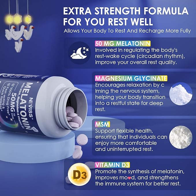 Melatonin 50 mg for Adults - Extra Strength 9-IN-1 Fast Dissolve Sublingual - w/ Vitamin D3 & MSM, Relaxing Herbal Blend-Ashwagandha, Lemon Balm, Passionflower,Chamomile,Sugar Free, Vegan 180 Servings