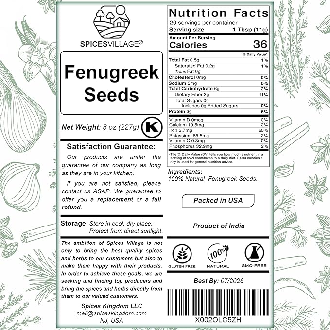 SPICES VILLAGE Fenugreek Seeds, 8 oz, Fenugreek Seeds for Hair Growth, All Natural Dried Indian Methi Seed for Cooking - Kosher Certified, Gluten Free, Resealable Bulk Bag