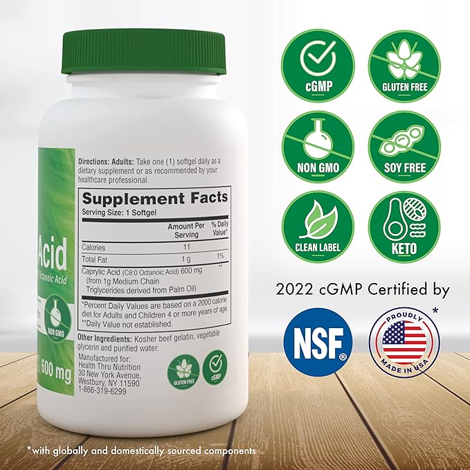 Health Thru Nutrition Caprylic Acid 600mg 100 Softgels | C8 Octanoic Acid from Pure 1g MCT Oil | Non-GMO & Soy Free | Support Healthy Digestive and Intestinal Health | Keto Friendly