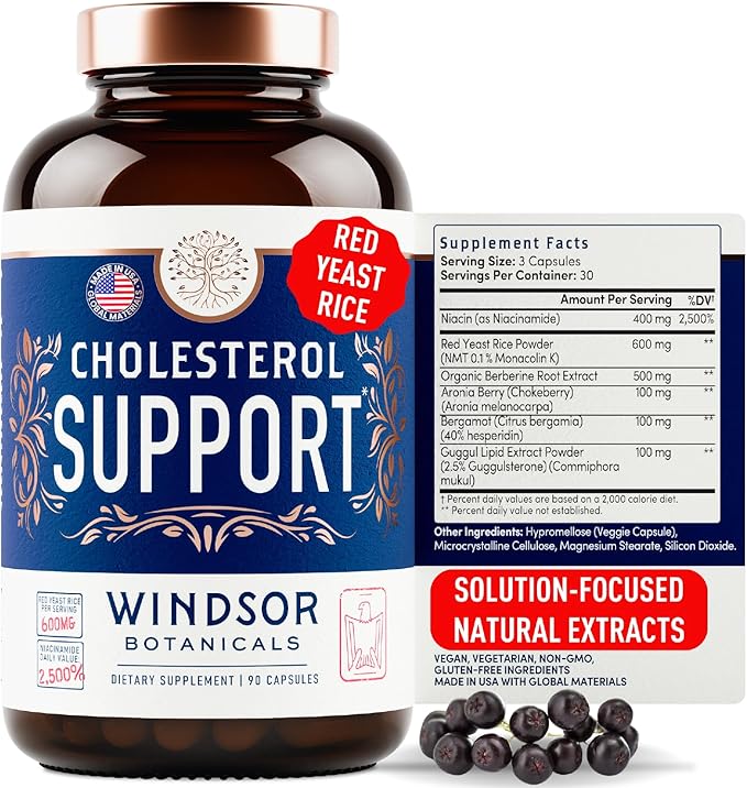 WINDSOR BOTANICALS Cholesterol Supplements - Citrus Bergamot, Niacin, Red Yeast Rice, Berberine, Aronia Berry Extract to Support Normal HDL and LDL Cholesterol Levels - 90 Vegan, Non-GMO Capsules