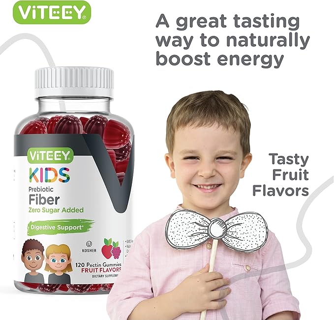 Prebiotic Kids Fiber Gummies for Constipation Relief, Digestive Health Regularity Support, Natural Weight Support - Fiber 4g, Zero Sugar Added, Vegan, Gluten Free - Tasty Chewable Fruit Flavored Gummy
