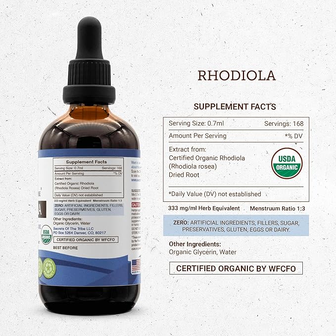 Secrets of the Tribe Rhodiola USDA Organic | Alcohol-Free Extract, High-Potency Herbal Drops | Made from 100% Certified Organic Rhodiola (Rhodiola Rosea) Dried Root 2x4 oz