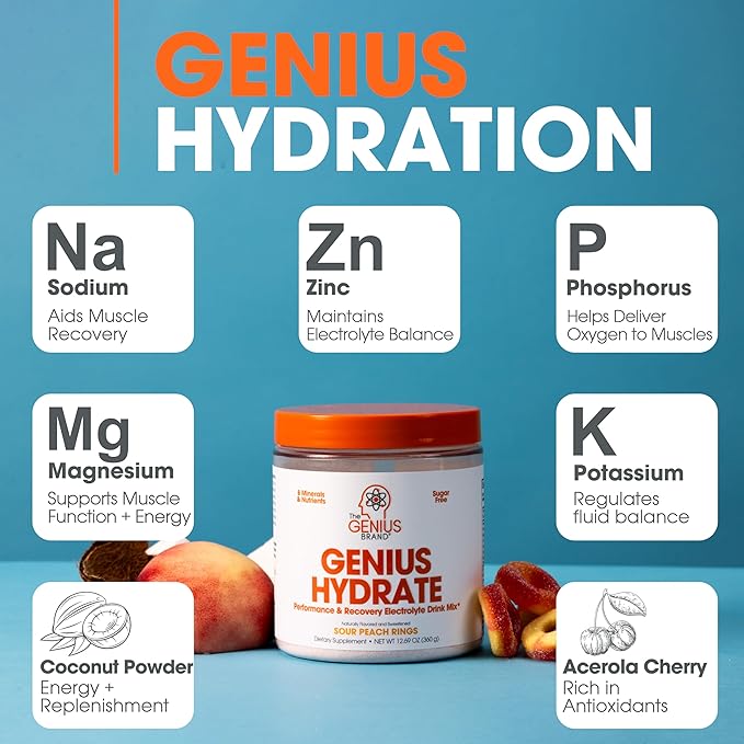 The Genius Brand - Genius Hydrate Powder Drink Mix Sour Peach Rings 50 Servings Electrolyte Hydration Booster Supplement with Coconut Water Potassium Magnesium Zinc Sugar Free No Artificial Sweetener