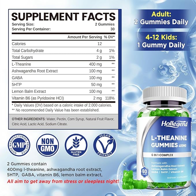 L-Theanine Gummies, l'theanine 400mg with Ashwagandha, GABA, 5HTP,L-Theanine Chewable Supplement for Relax, Zzz & Focus Support, Vegan, Lemon Flavor, 60 Counts