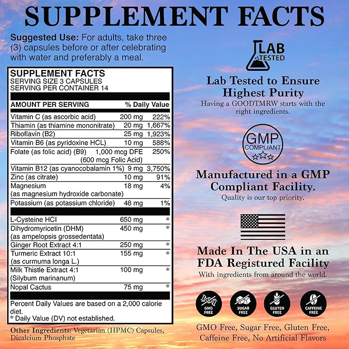 Celebration Support | Wakeup with Clarity Antioxidants, Vitamin C, Electrolyte & B Complex | L-Cysteine, DHM, Turmeric, Ginger, Turmeric, Milk Thistle, Prickly Pear | 14 Servings