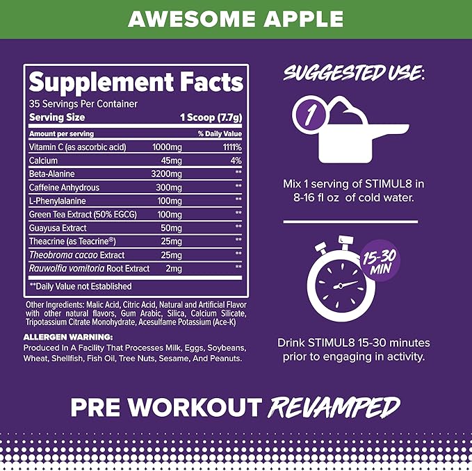 FINAFLEX STIMUL8 Original Pre-Workout, Awesome Apple - Energy, Strength & Endurance for Men & Women - with Caffeine, Beta-Alanine & Vitamin C - 35 Servings