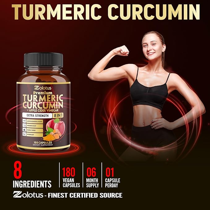 7 in 1 Turmeric Curcumin + Apple Cinder Vinegar Capsules, 6 Month Supply with Ashwagandha, Ginger, Garlic Bulb, 180 Capsules
