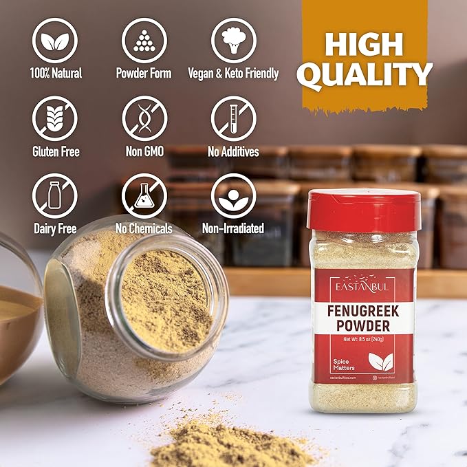 Eastanbul Fenugreek Powder, 8.5oz, Fenugreek Powder For Hair Growth, Ground Methi Seeds AKA Fenogreco Seed, Trigonella Foenum-Graecum, Perfect Spice for Indian Recipes, Natural, Vegan, Gluten Free