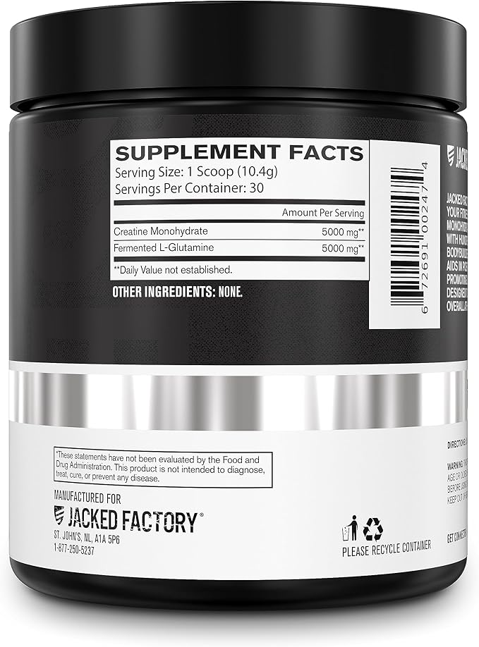 Jacked Factory Creatine + Glutamine - Creatine Supplement with L-Glutamine for Muscle Recovery, Muscle Growth, Increased Strength, Enhanced Energy Output, and Gut Health - 30 Servings, Unflavored